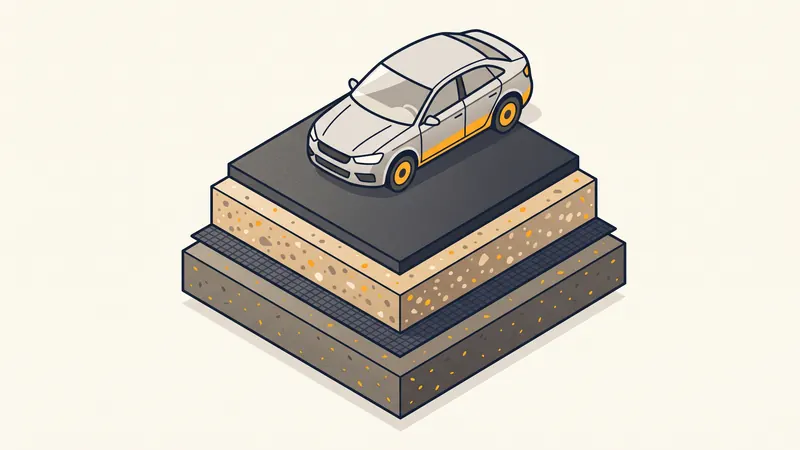 Coupe d'une allée carrossable : fond de forme compacté, géotextile, grave, enrobé