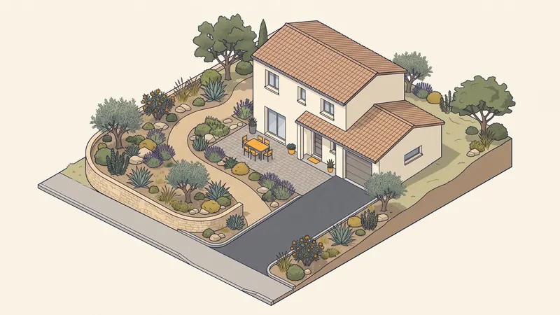 Aménagement extérieur : allée, terrasse, chemin en gravier et muret