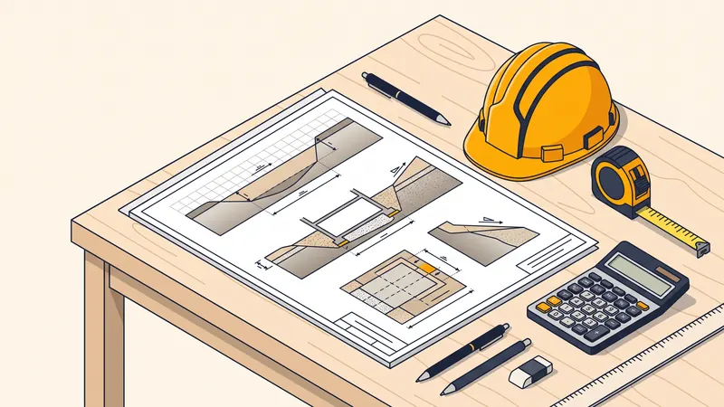 Plans techniques de terrassement, casque et mètre sur un bureau
