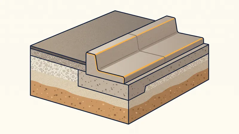 Coupe d'une bordure et d'un caniveau béton posés sur solin