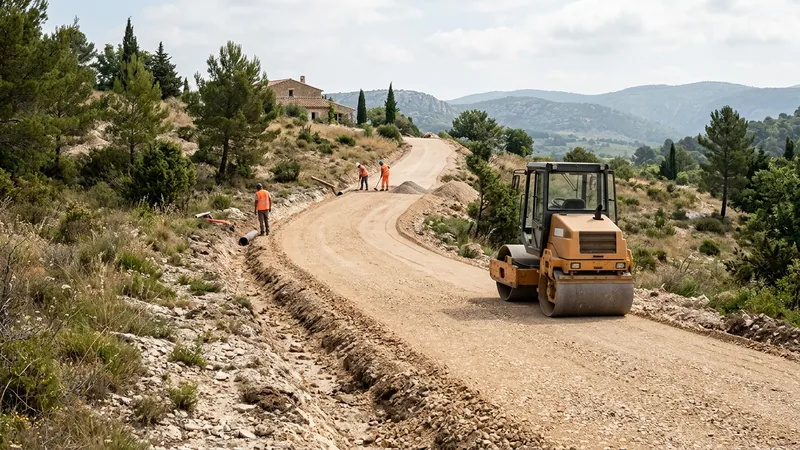 Piste d'accès en grave compactée avec dévers et fossé latéral, compacteur en cours de passage