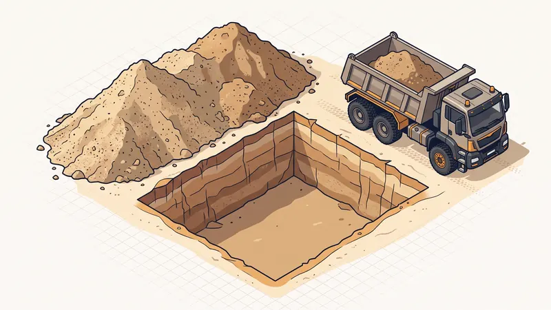 Schéma de cubage : fouille rectangulaire et tas de déblais foisonnés à côté d'un camion