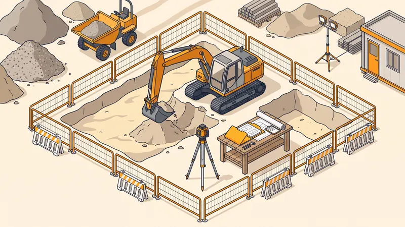 Chantier de terrassement bien organisé : pelle, niveau laser, clôture de sécurité et documents