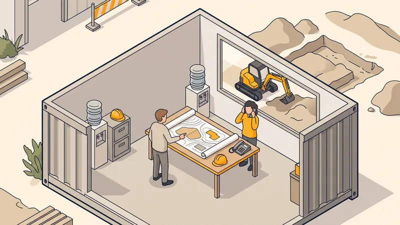 Bureau de chantier avec téléphone et plans, pelle visible par la fenêtre