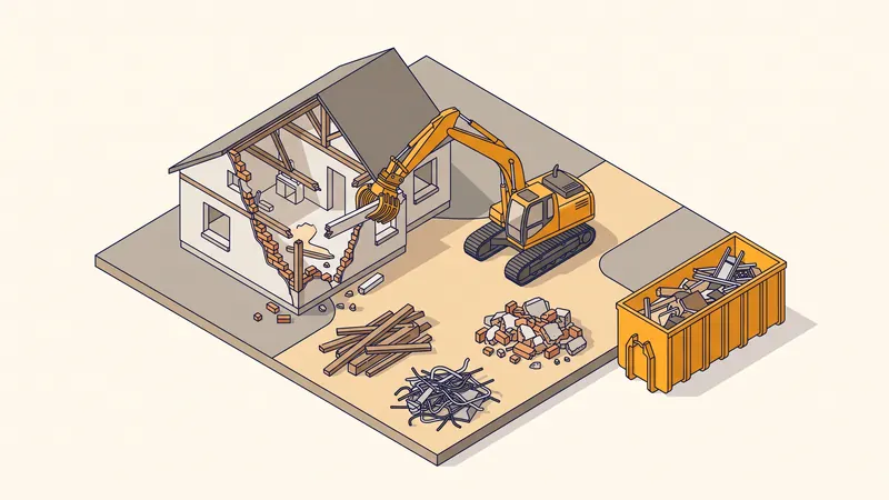 Démolition d'une maison avec tri des gravats en piles séparées et benne
