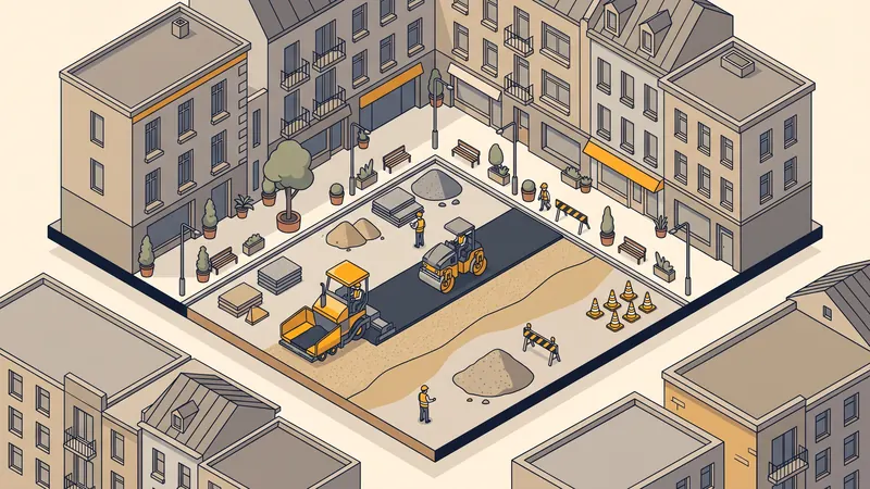 Pose d'enrobé dans une cour urbaine avec finisseur et rouleau