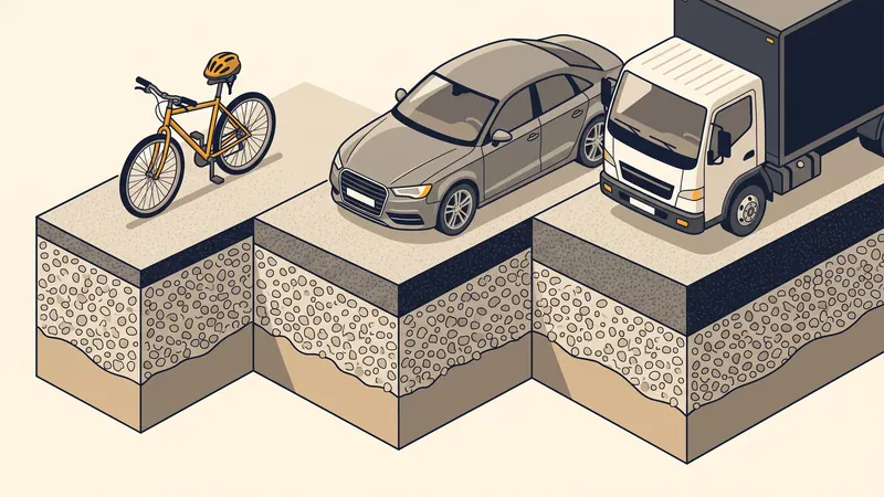 Coupes comparant trois épaisseurs d'enrobé selon l'usage : piéton, voiture, poids lourd