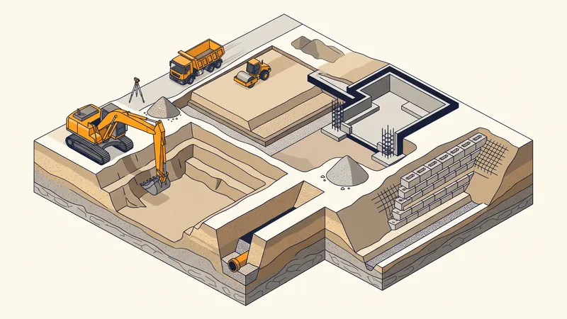Vue en coupe d'un chantier réunissant fouille, remblai, tranchée, semelle, mur et drain