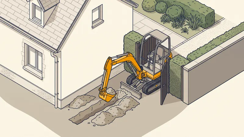 Mini-pelle compacte creusant une tranchée dans un jardin étroit