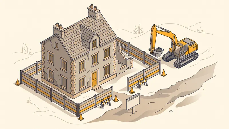 Maison à démolir avec clôture de chantier et panneau d'affichage