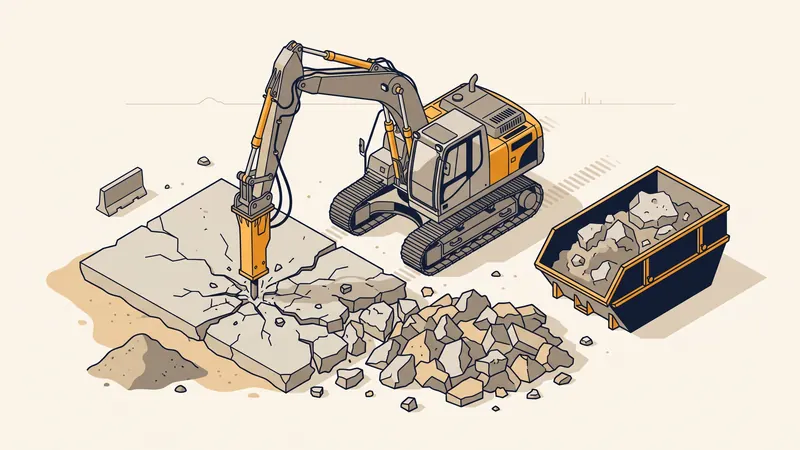 Démolition d'une dalle béton au brise-roche hydraulique avec évacuation en benne