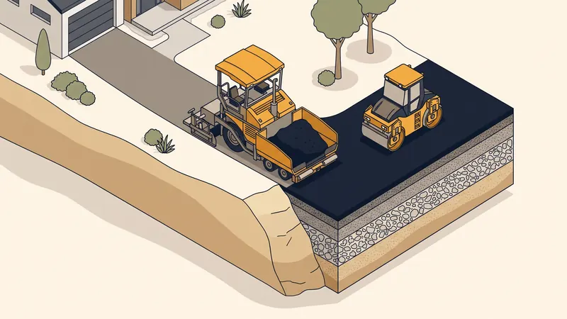 Pose d'enrobé sur une allée résidentielle avec finisseur et rouleau compacteur