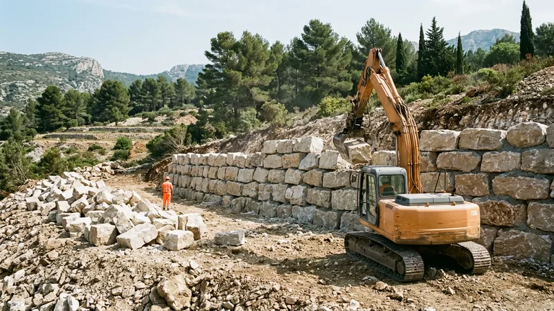 Mur d'enrochement en blocs calcaires posés en assises, pelle à grappin et stock de blocs non triés