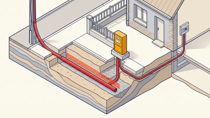 Raccordement électrique : fourreau rouge en tranchée avec grillage avertisseur et coffret
