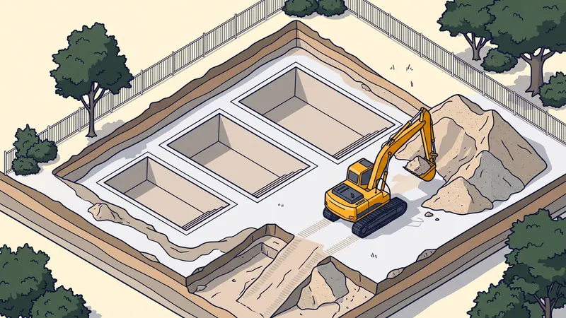Trois fouilles de piscine de tailles croissantes dans un jardin