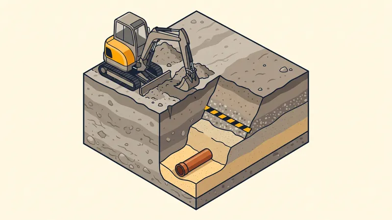 Coupe d'une tranchée de réseau : lit de sable, canalisation, grillage avertisseur, remblai
