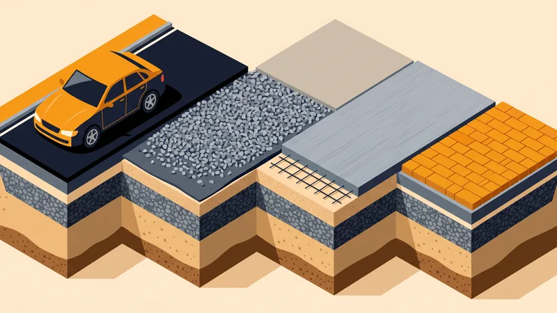 Coupe comparée de quatre revêtements d'allée carrossable et de leurs couches de fondation