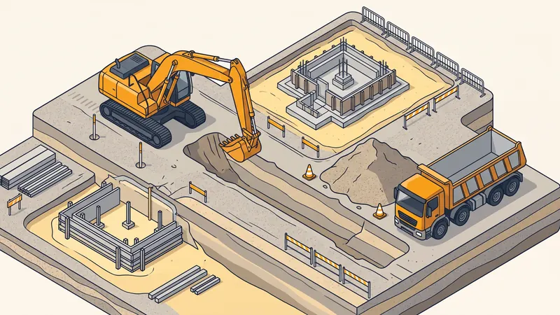 Vue d'ensemble d'un chantier de terrassement : pelle, tranchée, camion et fondation
