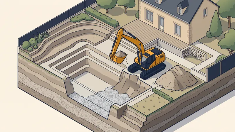 Excavation d'une piscine avec fond en gravier et pelle mécanique