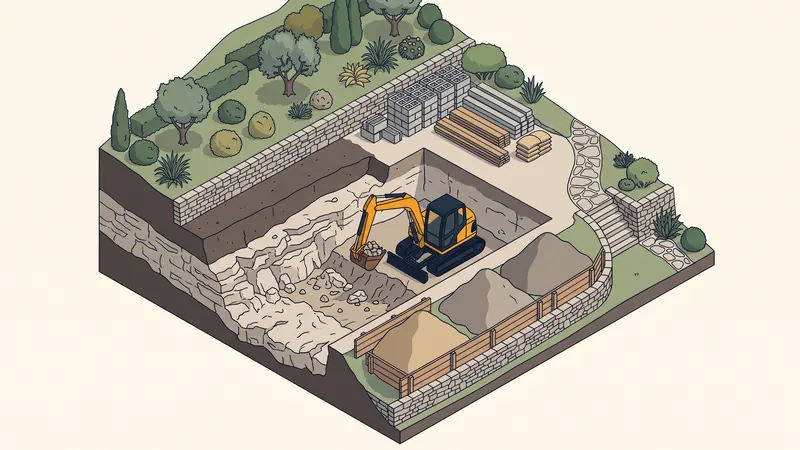 Fouille de piscine sur un jardin en pente avec roche calcaire apparente