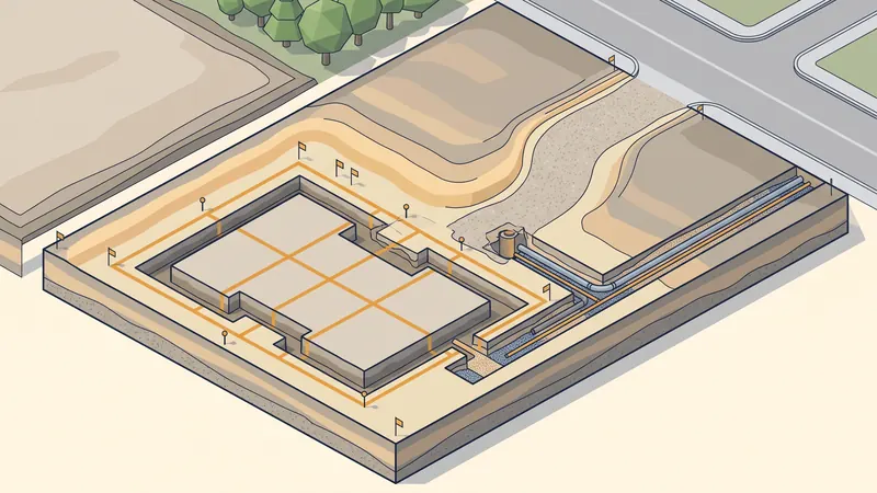 Terrain constructible préparé : plateforme nivelée et fouilles marquées